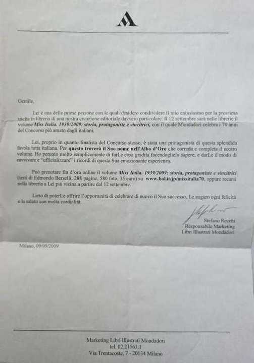 Letter from Mondadori Marketing, 9 September 2009, confirming inclusion in the book's Albo d'Oro