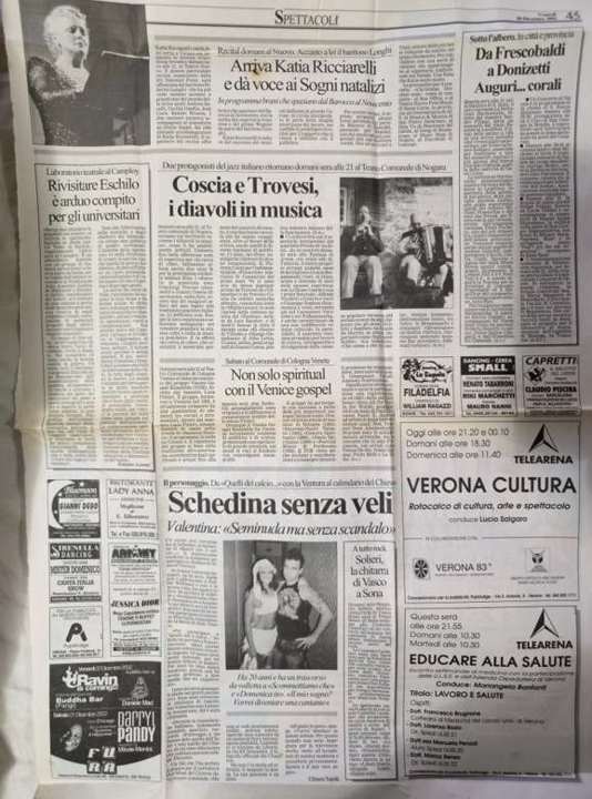 L'Arena full newspaper page, Spettacoli section, 20 December 2002, page 45