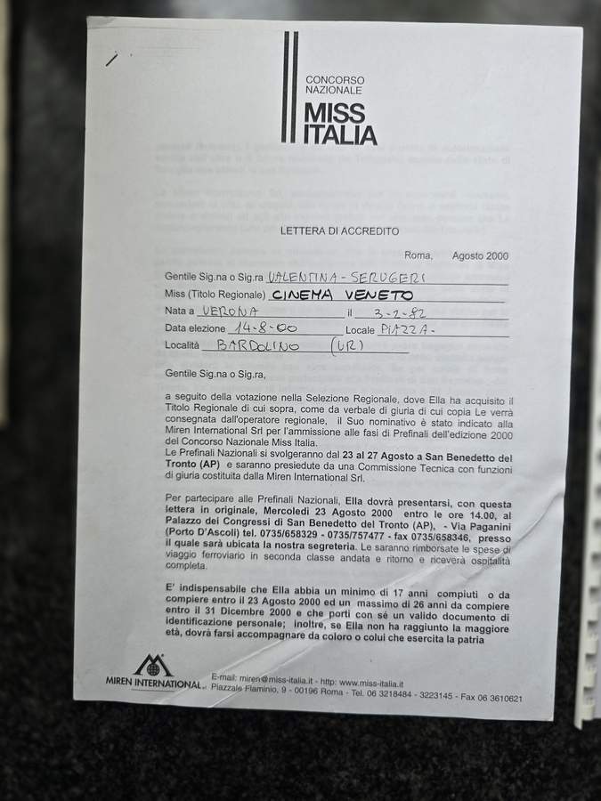 Miren International official Miss Italia accreditation letter, August 2000, addressed to Valentina Serugeri