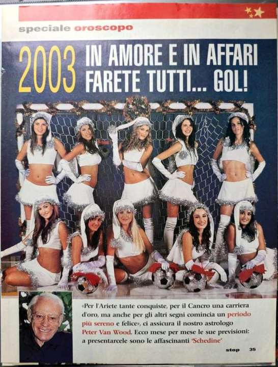 Stop magazine, page 35, 2003 horoscope special with Schedine in Christmas costumes