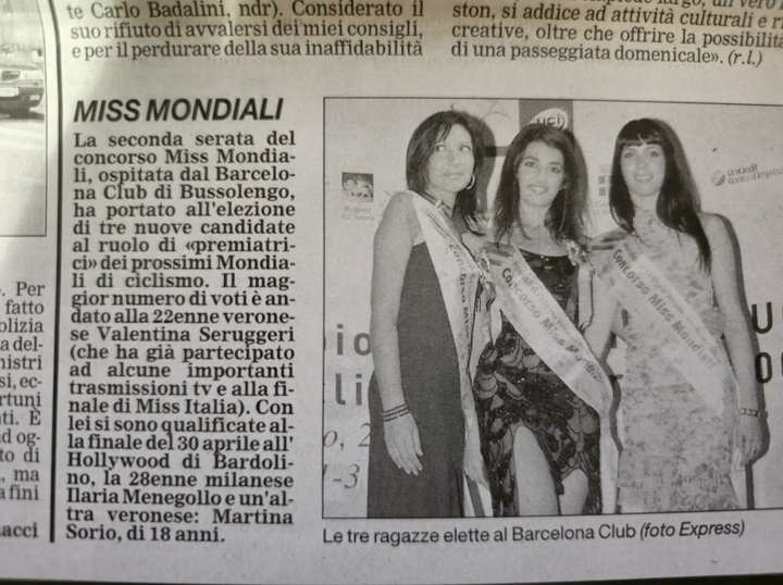 Miss Mondiali article naming Valentina Seruggeri as top vote-getter, L'Arena 29 March 2004
